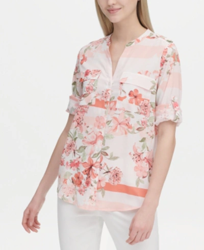 Iconic American Designer Printed Button-front Shirt In Porcelain Rose Combo