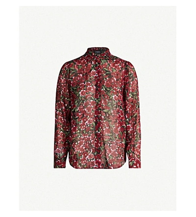 The Kooples Floral Print & Metallic Dot Pattern Shirt In Burgundy
