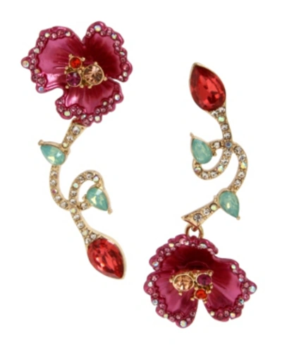 Betsey Johnson Floral Mismatch Earrings In Fuschia