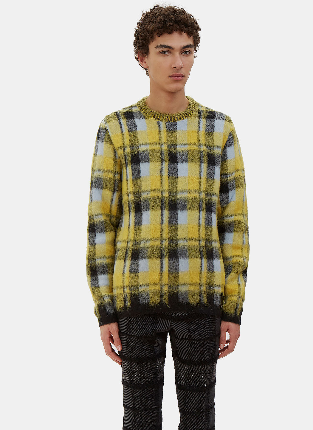 Fendi Men's Checked Hairy Knit Crew Neck Sweater In Yellow, Blue And