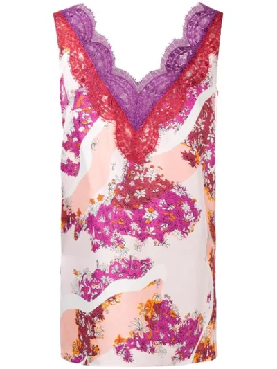 Emilio Pucci Lace-trimmed Floral-print Silk-twill Top In Pink