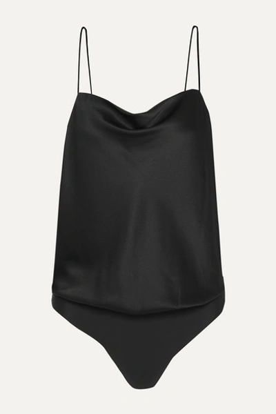 Cami Nyc The Axel Draped Stretch-silk Charmeuse And Stretch-jersey Thong Bodysuit In Black