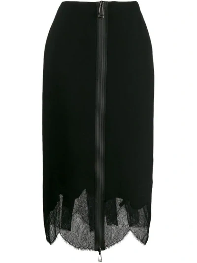 Fendi Zip-up Lace-trim Wool Pencil Skirt In Black