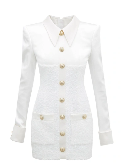 Balmain Buttoned Satin And Tweed Mini Dress In White