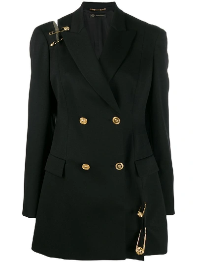 Versace Double-breasted Deconstructed Embellished Tulle-trimmed Wool Blazer In Black