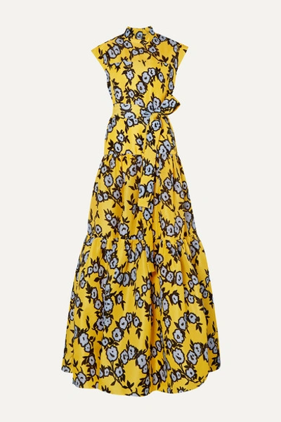 Carolina Herrera Belted Tiered Floral-print Silk-organza Gown In Yellow