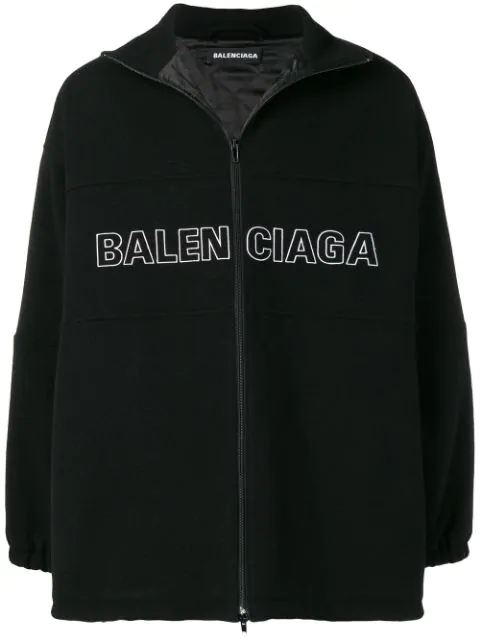 Balenciaga Zip-up Wool Jacket W/logo Embroidery In Black | ModeSens