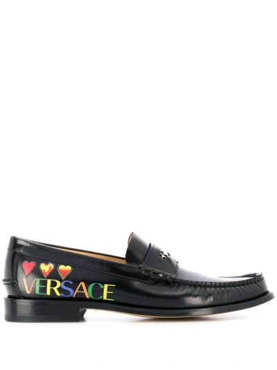 Versace Printed Hearts Leather Loafers In Black