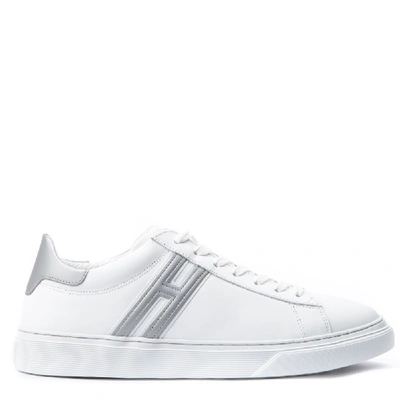 Hogan H365 White Leather Sneakers With Side Monogram In Silver,white