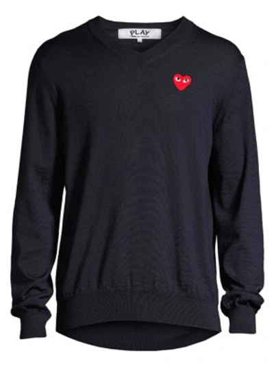 Comme Des Garçons Play Men's Play V-neck Cotton Sweater In Navy