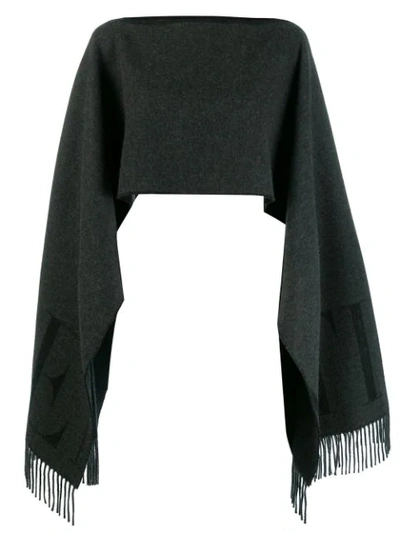 Valentino Logo Fringed Poncho In Grey