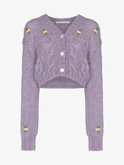 Alessandra Rich Floral Detail Cropped Knit Cardigan In Purple