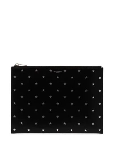 Saint Laurent Black Star Print Leather Pouch Bag In Black And Silver