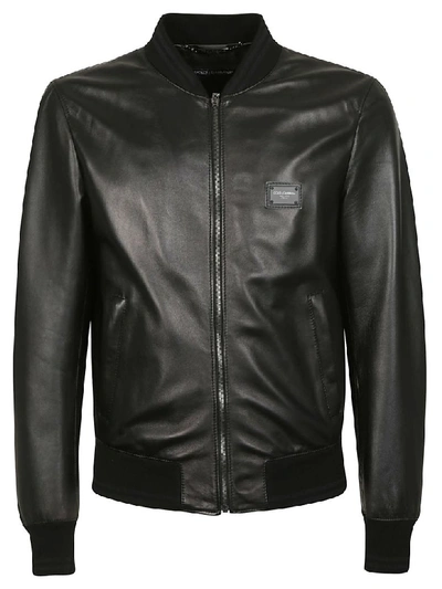 Dolce & Gabbana Logo Leather Jacket In Black