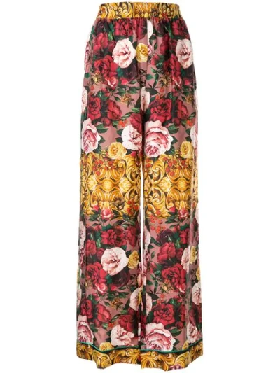 Dolce & Gabbana Twill Pajama Pants With Baroque Rose Print In Multicolour