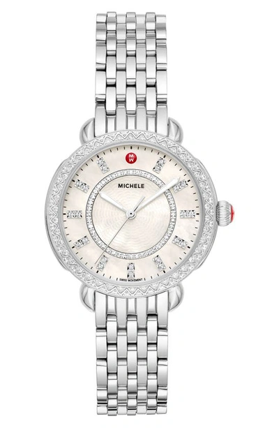Michele Sidney Classic Diamond Watch Head & Interchangeable Bracelet, 33mm In Silver/ White Mop/ Silver