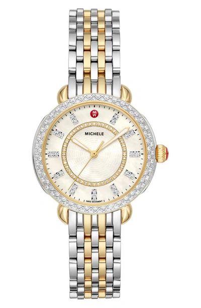 Michele Women's Sidney Classic Two-tone Yellow Goldplated Stainless Steel & Diamond Bracelet Watch In White/multi