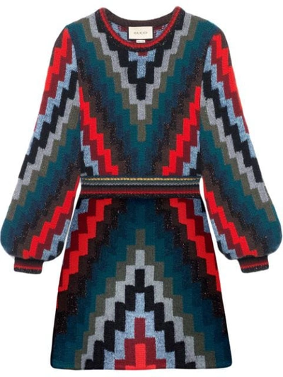 Gucci Multicolor Wool Knit Mini Dress In Blue