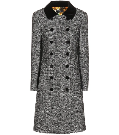 Dolce & Gabbana Velvet-trimmed Tweed Coat In Grey