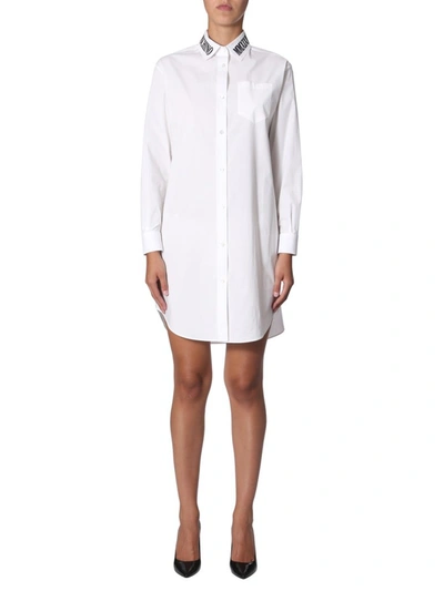 Moschino Logo Embroidered Shirt Dress In White