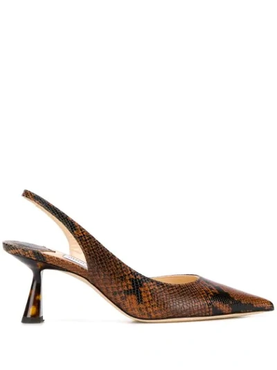 Jimmy Choo Fetto 65 Cuoio Snake Printed Asymmetric Pumps With Tortoiseshell Heel In Brown