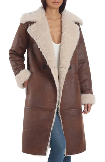 Avec Les Filles Faux Suede & Sherpa Midi Coat In Cream/ Vintage Whiskey