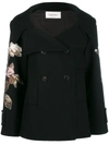 Valentino Floral Embroidered Double Breasted Wool Peacoat In Black