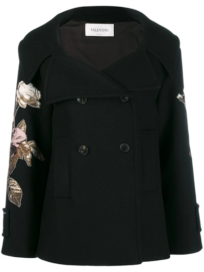 Valentino Floral Embroidered Double Breasted Wool Peacoat In Black
