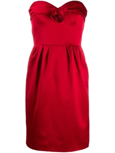 Moschino Satin Rose Strapless Dress In Red