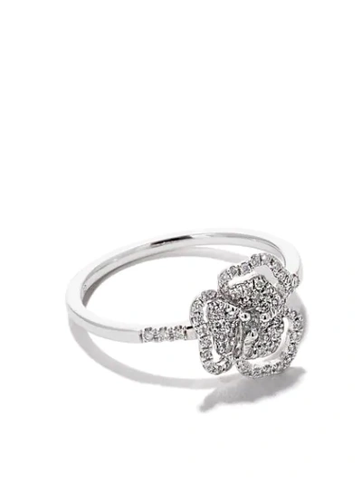 As29 18kt White Gold Roselia Flower Line Small Diamond Ring In Silver