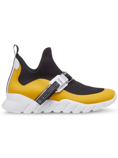 Fendi Leather-trimmed Stretch-knit Slip-on High-top Sneakers In Black ,yellow