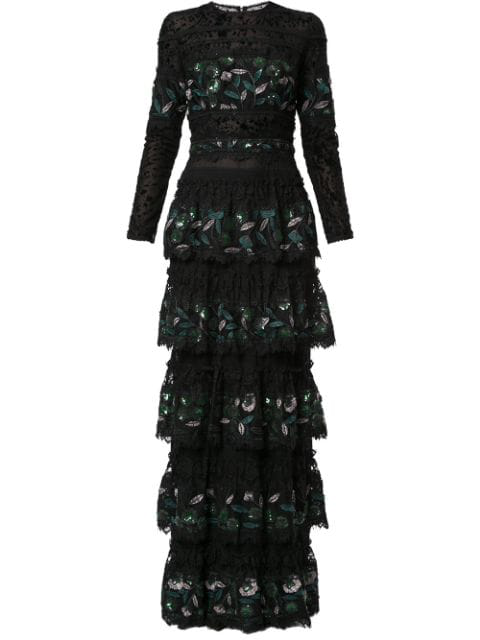 Costarellos Sequin Embroidery Tiered Gown In Black | ModeSens