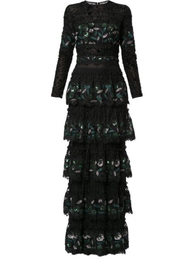 Costarellos Sequin Embroidery Tiered Gown In Black