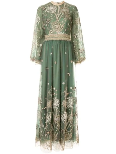 Costarellos Story-telling Embroidered Tulle Gown In Green