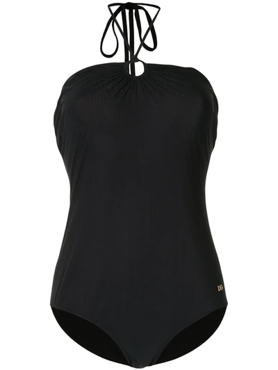 Dolce & Gabbana Logo Plaque Halterneck Swimsuit In Black