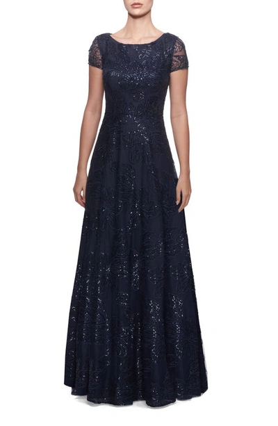 La Femme Sequin Floral Embroidered Gown In Navy