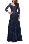 La Femme Beaded Floral Applique Tulle A-line Gown In Navy