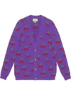 Gucci Gg & Cherry Intarsia Wool Knit Cardigan In Purple