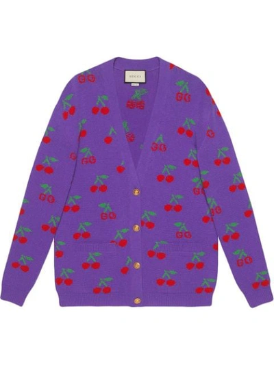 Gucci Gg & Cherry Intarsia Wool Knit Cardigan In Purple