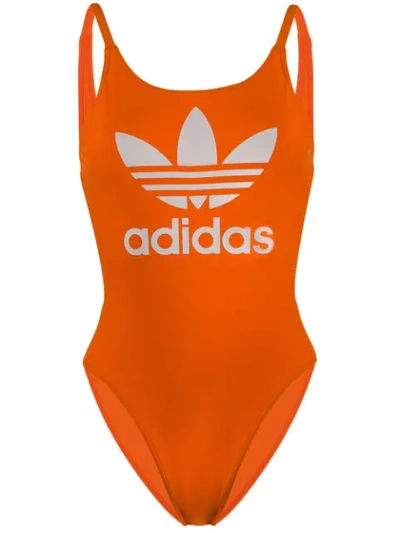 Adidas Originals Printed Trefoil Swimsuit In Orange