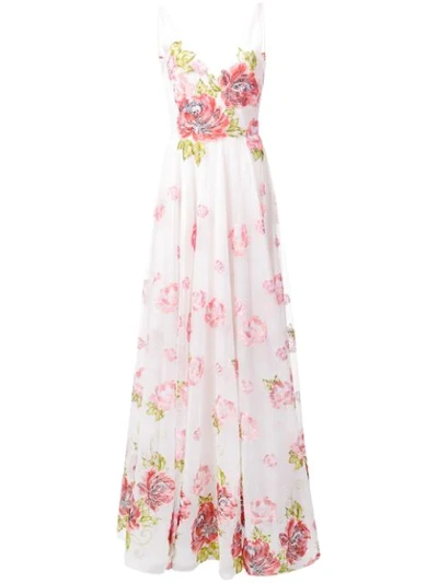 Marchesa Notte Sleeveless Floral V Neck Gown In White