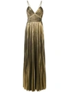 Marchesa Notte Sleeveless Pleated Lame Evening Gown In Yellow