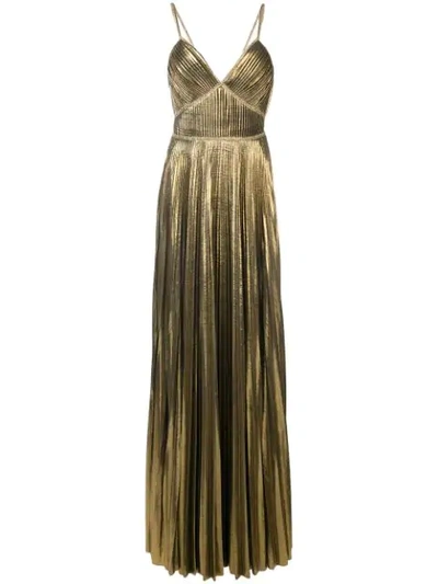 Marchesa Notte Sleeveless Pleated Lame Evening Gown In Yellow