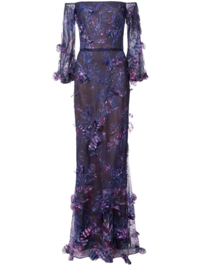 Marchesa Notte Navy Off The Shoulder Embroidered Gown In Blue