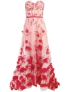 Marchesa Notte Strapless Embroidered Hi-lo Gown In Red