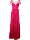 Marchesa Notte Short Sleeve Chiffon And Lace Evening Gown In Pink