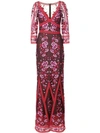 Marchesa Notte Fitted Floral Embroidered Mesh Gown In Red