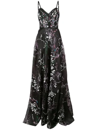Marchesa Notte Sleeveless Printed Floral Organza Evening Gown In Black