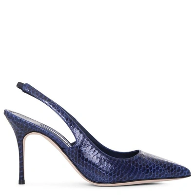 Manolo Blahnik Allura Navy Watersnake Slingback Pumps