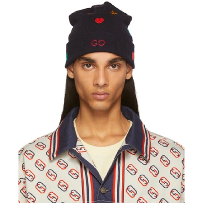 Gucci Contrasting Embroidery Wool Beanie In 4000 Navy